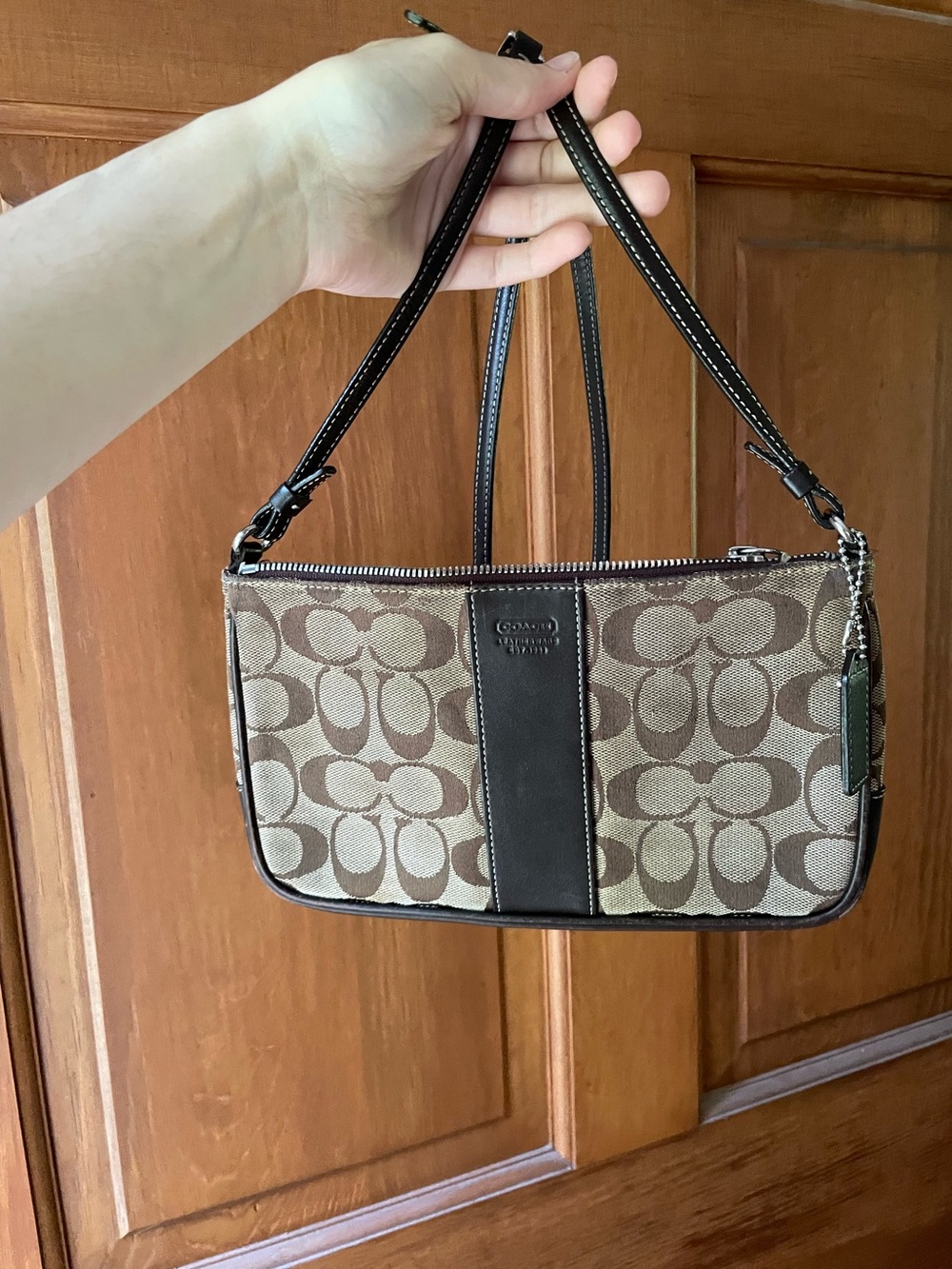 🫒vintage Coach Signature Stripe small shoulder bag in khaki and brown 6338🫒